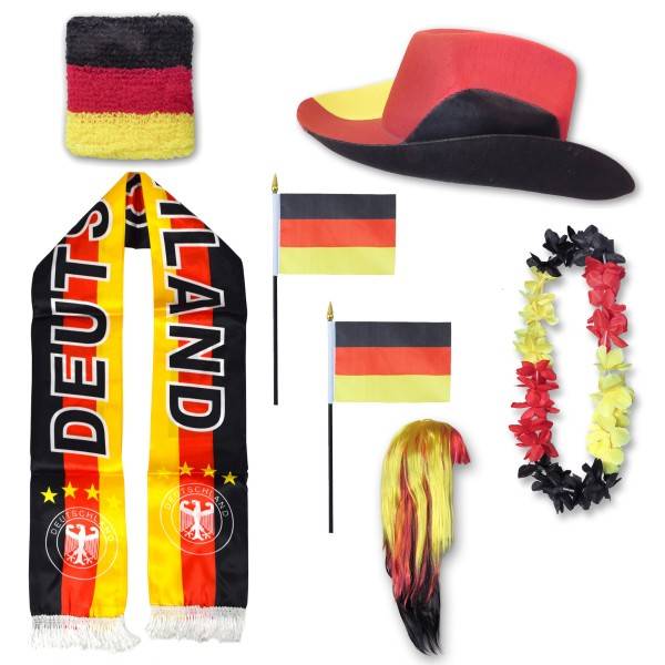 Sonia Originelli Fan-Paket "Deutschland" Germany WM EM Fußball Schal Hawaiikette Hut Schweissband Fahne Perücke