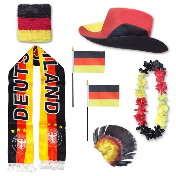 Sonia Originelli Fan-Paket "Deutschland" Germany WM EM Fußball Schal Hawaiikette Hut Schweissband Fahne Perücke