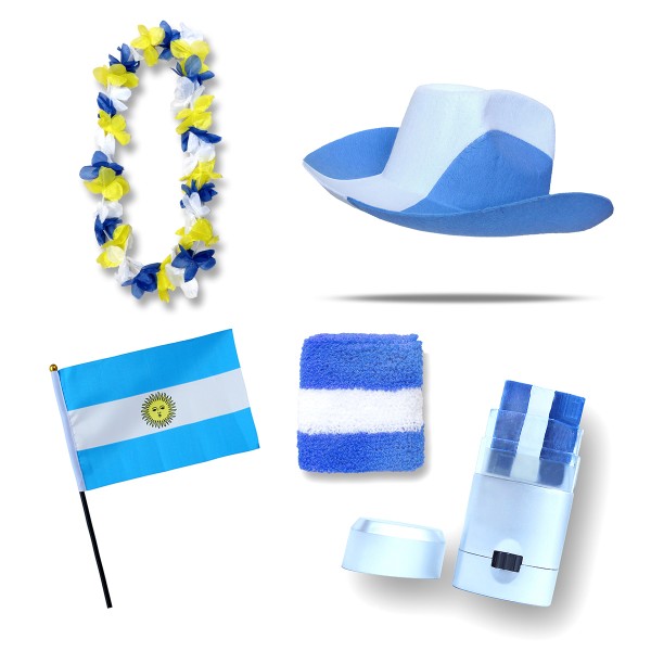 Sonia Originelli Fan-Paket EM "Argentinien" Argentina Fußball Hut Kette Schminke Schweißband Flagge