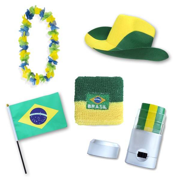 Sonia Originelli Fan-Paket EM "Brasilien" Brazil Brasil Fußball Hut Kette Schminke Schweißband Flagge