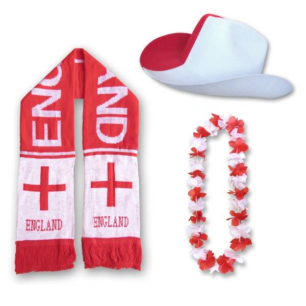 Sonia Originelli FAN PAKET EM "England" Fußball Schal Blumenkette Cowboy-Hut
