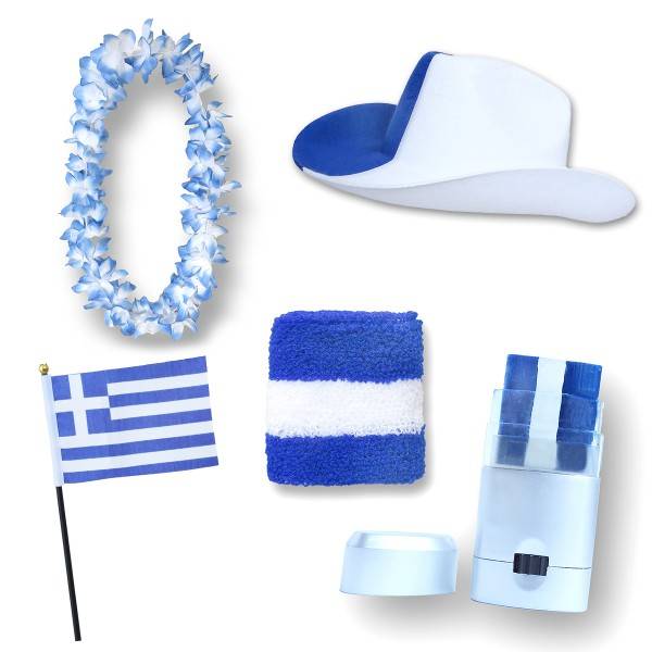 Sonia Originelli Fan-Paket EM "Griechenland" Greece Fußball Hut Kette Schminke Schweißband Flagge