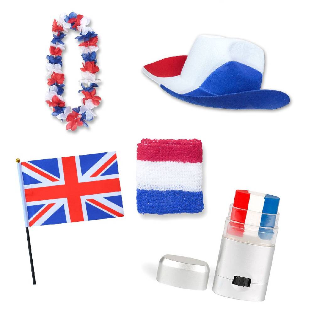 Sonia Originelli Fan-Paket EM "Grossbritannien" GB UK Fußball Hut Kette Schminke Schweißband Flagge