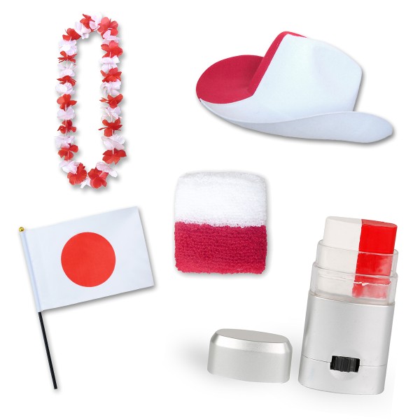 Sonia Originelli Fan-Paket EM "Japan" Fußball Hut Kette Schminke Schweißband Flagge