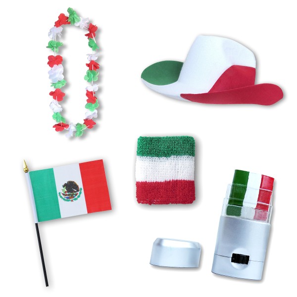 Sonia Originelli Fan-Paket EM "Mexiko" Mexico Fußball Hut Kette Schminke Schweißband Flagge