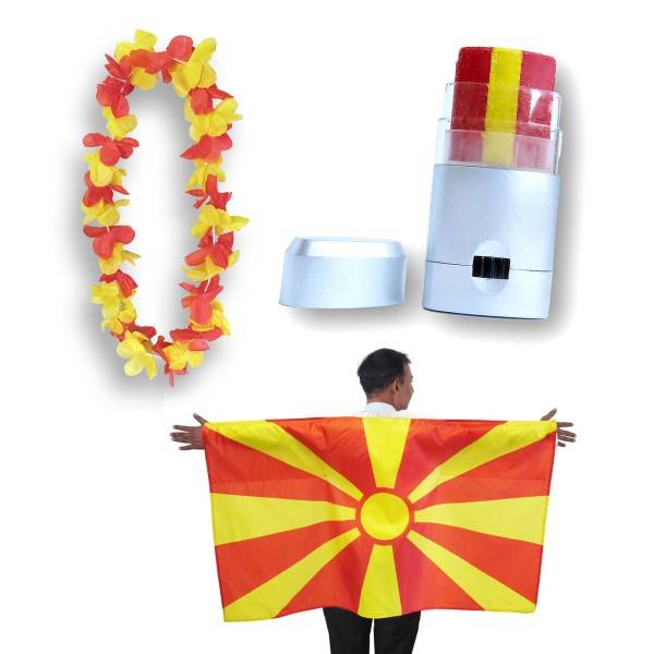 Sonia Originelli Fan-Paket EM "Nordmazedonien" Fanset Fußball Hawaiikette Schminkstift Poncho