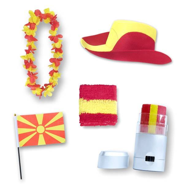 Sonia Originelli Fan-Paket EM "Nordmazedonien" Fußball Hut Kette Schminke Schweißband Flagge