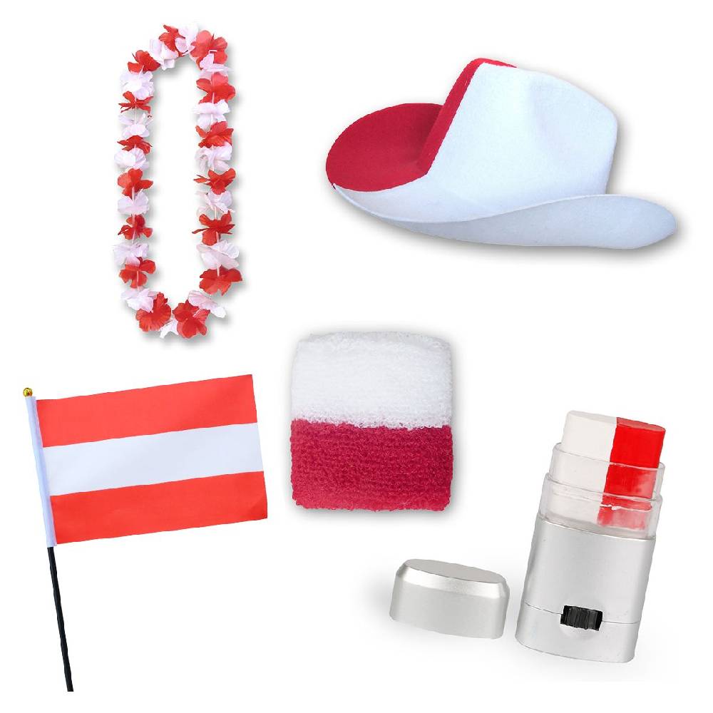 Sonia Originelli Fan-Paket EM "Österreich" Austria Fußball Hut Kette Schminke Schweißband Flagge