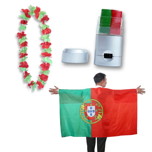 Sonia Originelli Fan-Paket EM "Portugal" Fanset Fußball Hawaiikette Schminkstift Poncho