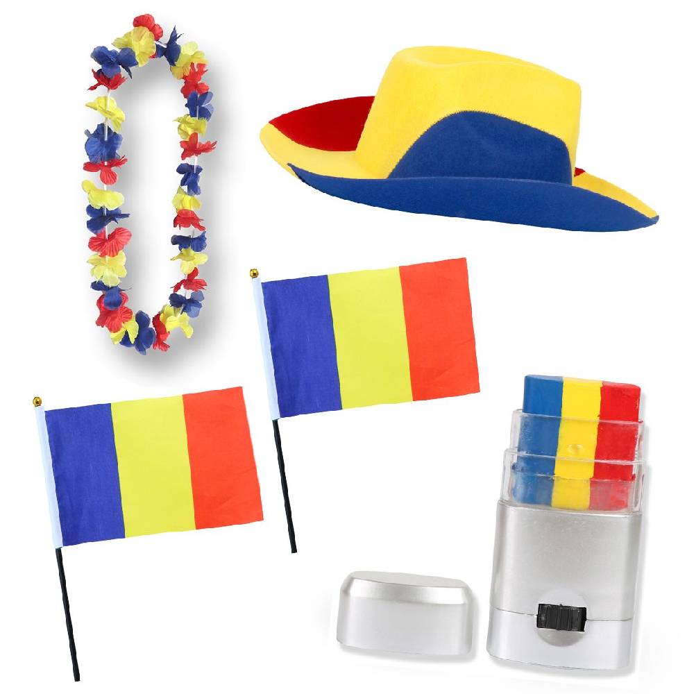 Sonia Originelli Fan-Paket EM "Rumänien" Romania Fußball Hut Kette Schminke 2xFlagge