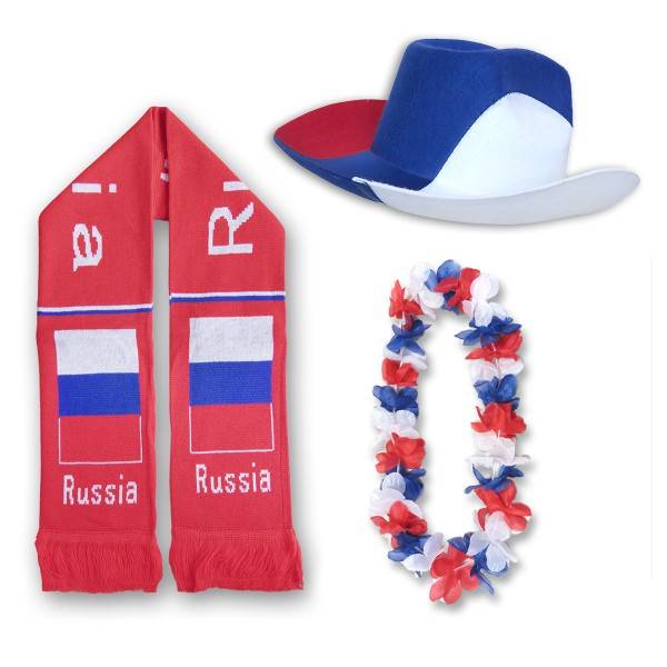 Sonia Originelli FAN PAKET EM "Russland" Russia Fußball Schal Blumenkette Cowboy-Hut