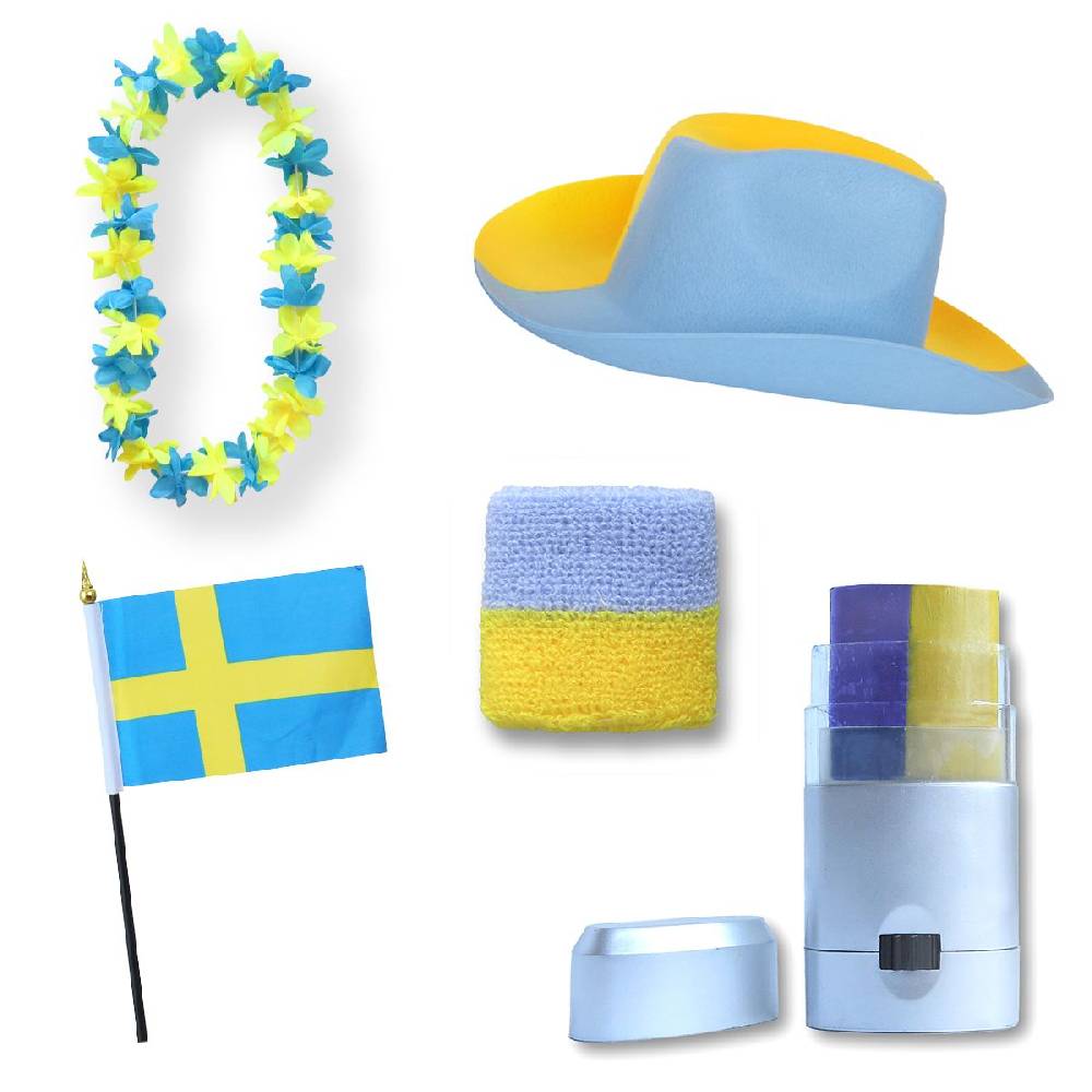 Sonia Originelli Fan-Paket EM "Schweden" Sweden Fußball Hut Kette Schminke Schweißband Flagge