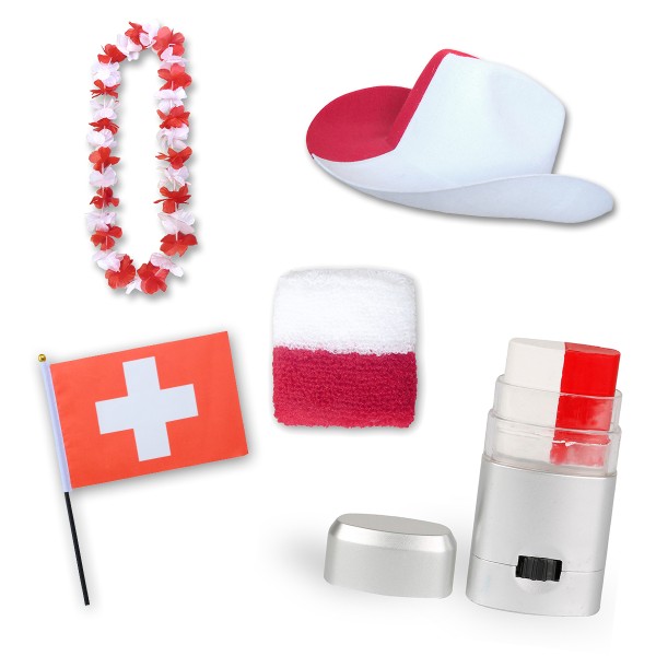 Sonia Originelli Fan-Paket EM "Schweiz" Switzerland Fußball Hut Kette Schminke Schweißband Flagge