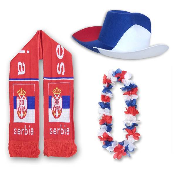 Sonia Originelli FAN PAKET EM "Serbien" Serbia Fußball Schal Blumenkette Cowboy-Hut