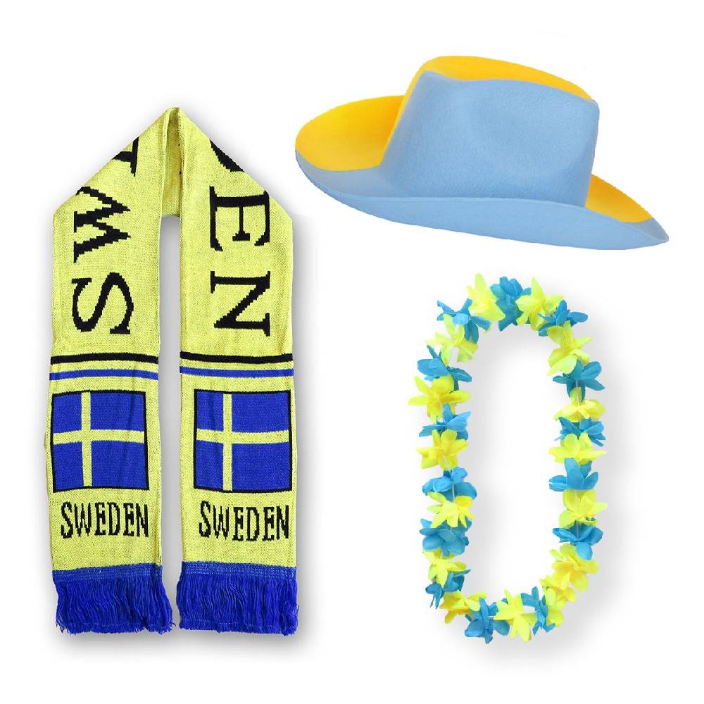 Sonia Originelli FAN PAKET EM "Sweden" Schweden Fußball Schal Blumenkette Cowboy-Hut