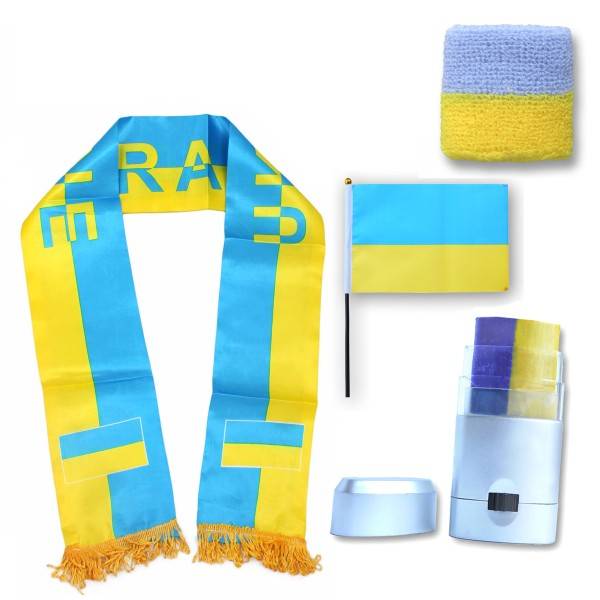 Sonia Originelli FAN PAKET EM "Ukraine" Fußball Schal Schminke Schweißband Mini Flagge