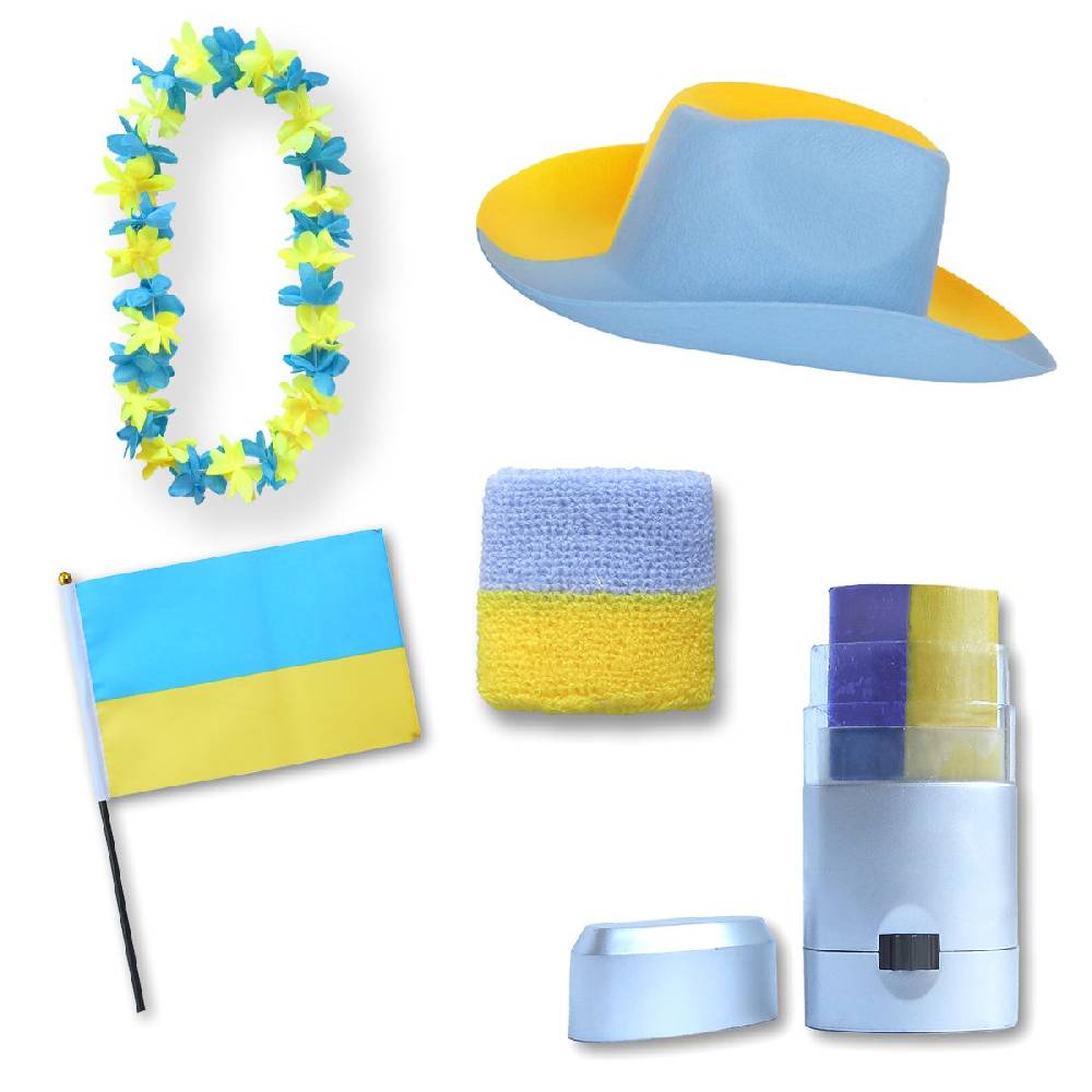 Sonia Originelli Fan-Paket EM "Ukraine" Ukrain Fußball Hut Kette Schminke Schweißband Flagge