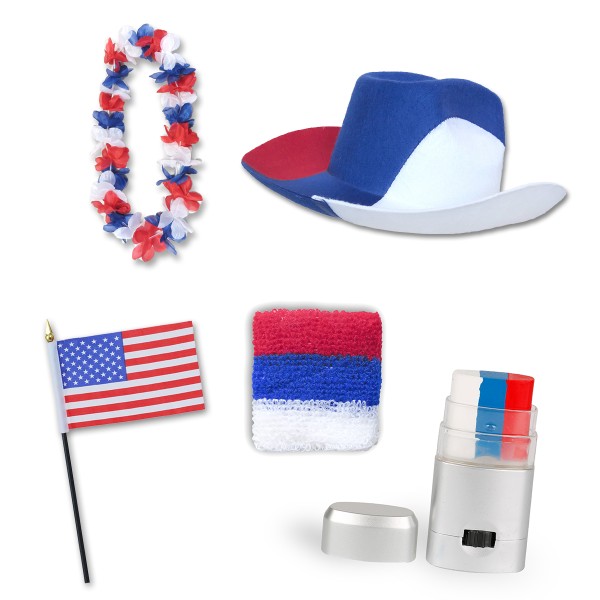 Sonia Originelli Fan-Paket EM "USA" Amerika Fußball Hut Kette Schminke Schweißband Flagge