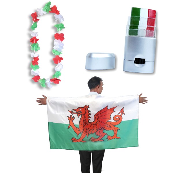 Sonia Originelli Fan-Paket EM "Wales" Fanset Fußball Hawaiikette Schminkstift Poncho