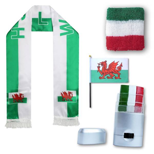 Sonia Originelli FAN PAKET EM "Wales" Fußball Schal Schminke Schweißband Mini Flagge