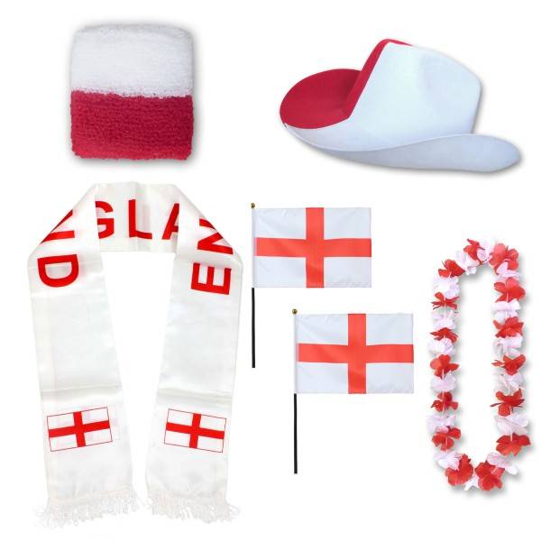 Sonia Originelli Fan-Paket "England" WM EM Fußball Schal Hawaiikette Hut Schweissband Fahne Flagge