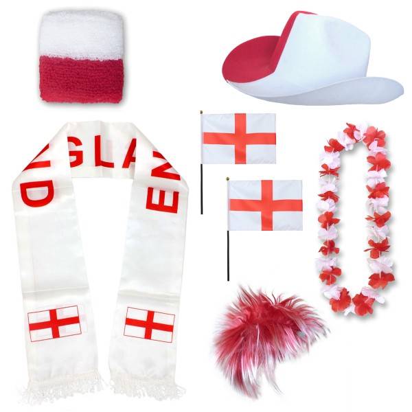 Sonia Originelli Fan-Paket "England" WM EM Fußball Schal Hawaiikette Hut Schweissband Fahne Perücke