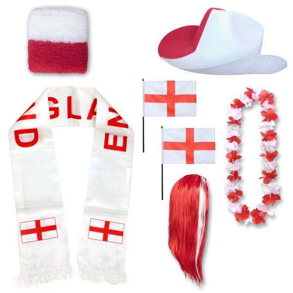 Sonia Originelli Fan-Paket "England" WM EM Fußball Schal Hawaiikette Hut Schweissband Fahne Perücke