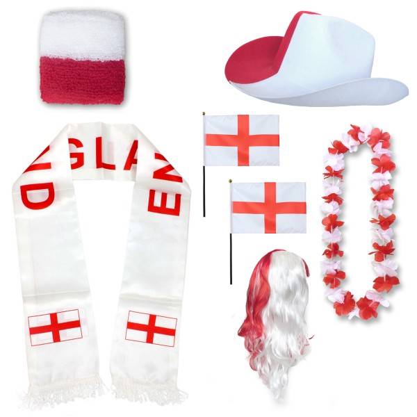 Sonia Originelli Fan-Paket "England" WM EM Fußball Schal Hawaiikette Hut Schweissband Fahne Perücke