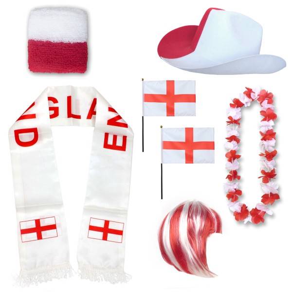 Sonia Originelli Fan-Paket "England" WM EM Fußball Schal Hawaiikette Hut Schweissband Fahne Perücke