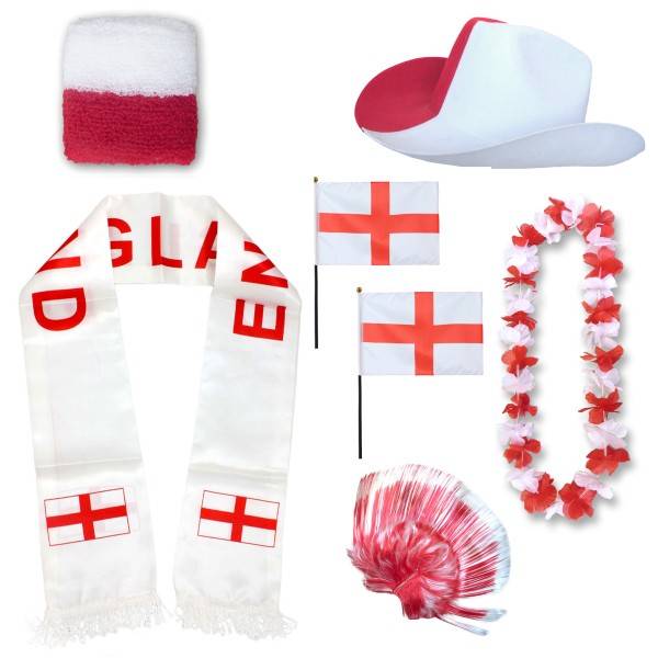 Sonia Originelli Fan-Paket "England" WM EM Fußball Schal Hawaiikette Hut Schweissband Fahne Perücke