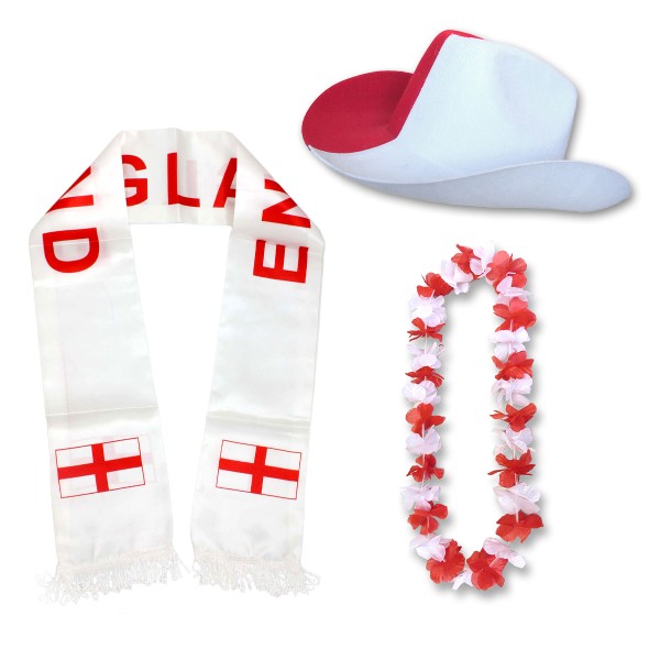 Sonia Originelli Fan-Paket "England" WM EM Fußball Schal Hawaiikette Hut Fanartikel