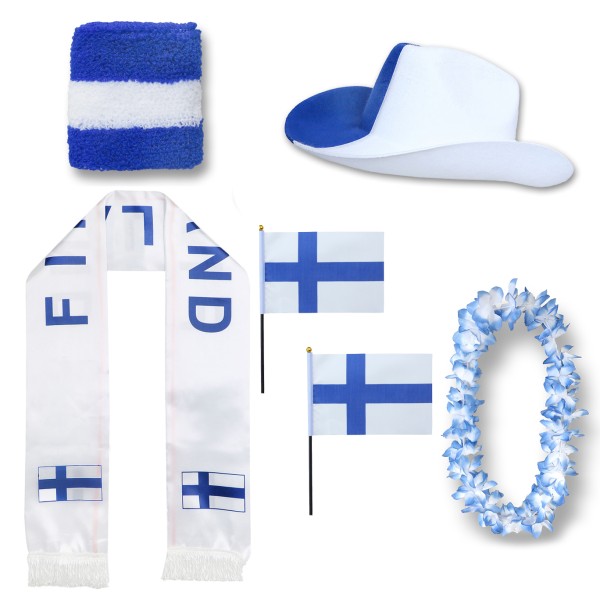 Sonia Originelli Fan-Paket "Finnland" WM EM Fußball Schal Hawaiikette Hut Schweissband Fahne Flagge