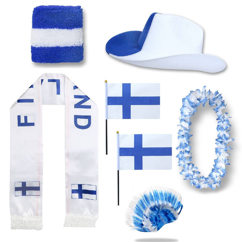Sonia Originelli Fan-Paket "Finnland" WM EM Fußball Schal Hawaiikette Hut Schweissband Fahne Perücke