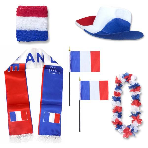 Sonia Originelli Fan-Paket "Frankreich" France WM EM Fußball Schal Hawaiikette Hut Schweissband Fahne Flagge