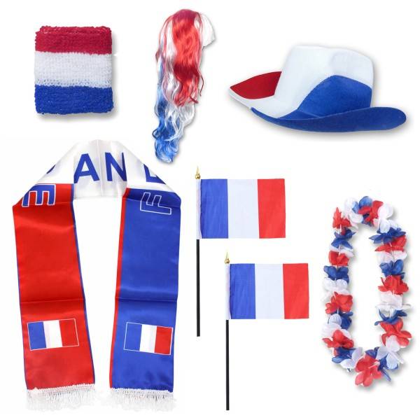 Sonia Originelli Fan-Paket "Frankreich" France WM EM Fußball Schal Hawaiikette Hut Schweissband Fahne Perücke