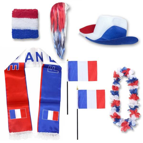 Sonia Originelli Fan-Paket "Frankreich" France WM EM Fußball Schal Hawaiikette Hut Schweissband Fahne Perücke