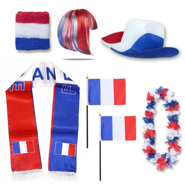 Sonia Originelli Fan-Paket "Frankreich" France WM EM Fußball Schal Hawaiikette Hut Schweissband Fahne Perücke