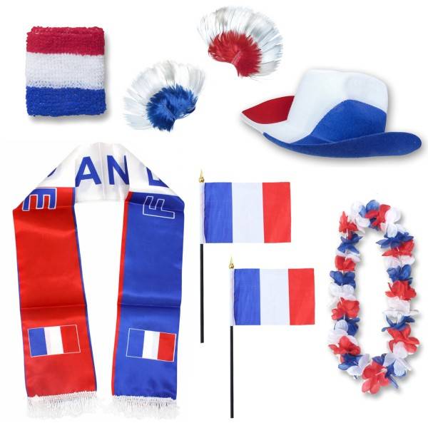 Sonia Originelli Fan-Paket "Frankreich" France WM EM Fußball Schal Hawaiikette Hut Schweissband Fahne Perücke