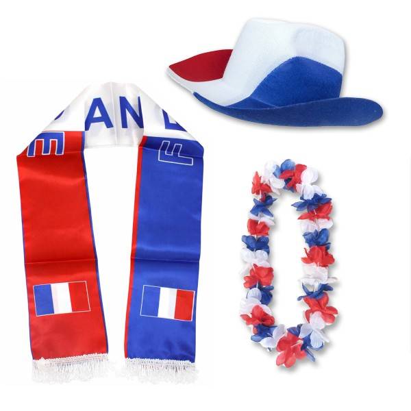Sonia Originelli Fan-Paket "Frankreich" France WM EM Fußball Schal Hawaiikette Hut Fanartikel