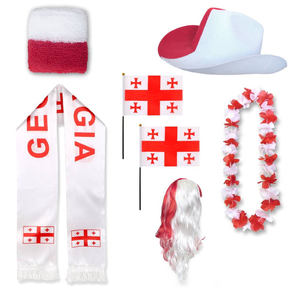 Sonia Originelli Fan-Paket "Georgien" Georgia WM EM Fußball Schal Hawaiikette Hut Schweissband Fahne Perücke