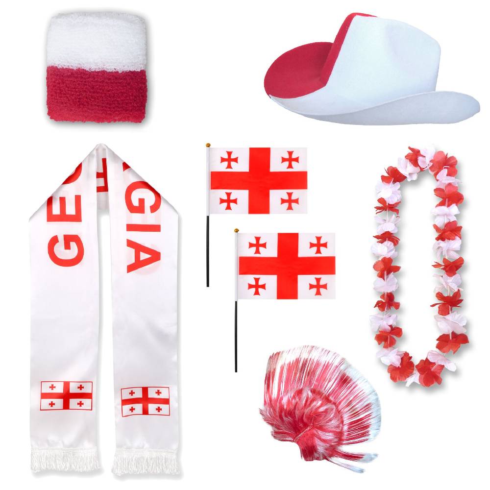 Sonia Originelli Fan-Paket "Georgien" Georgia WM EM Fußball Schal Hawaiikette Hut Schweissband Fahne Perücke