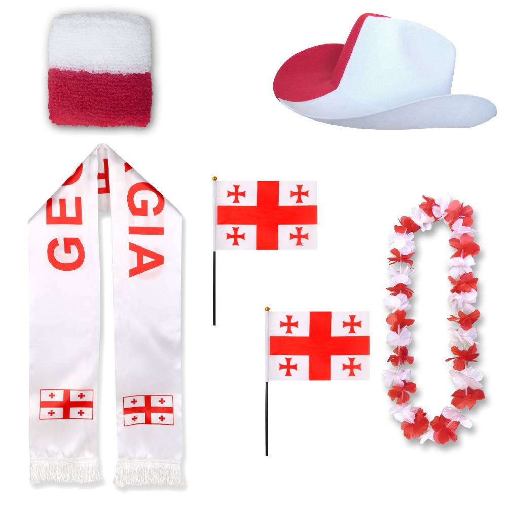 Sonia Originelli Fan-Paket "Georgien" Georgia WM EM Fußball Schal Hawaiikette Hut Schweissband Fahne Flagge