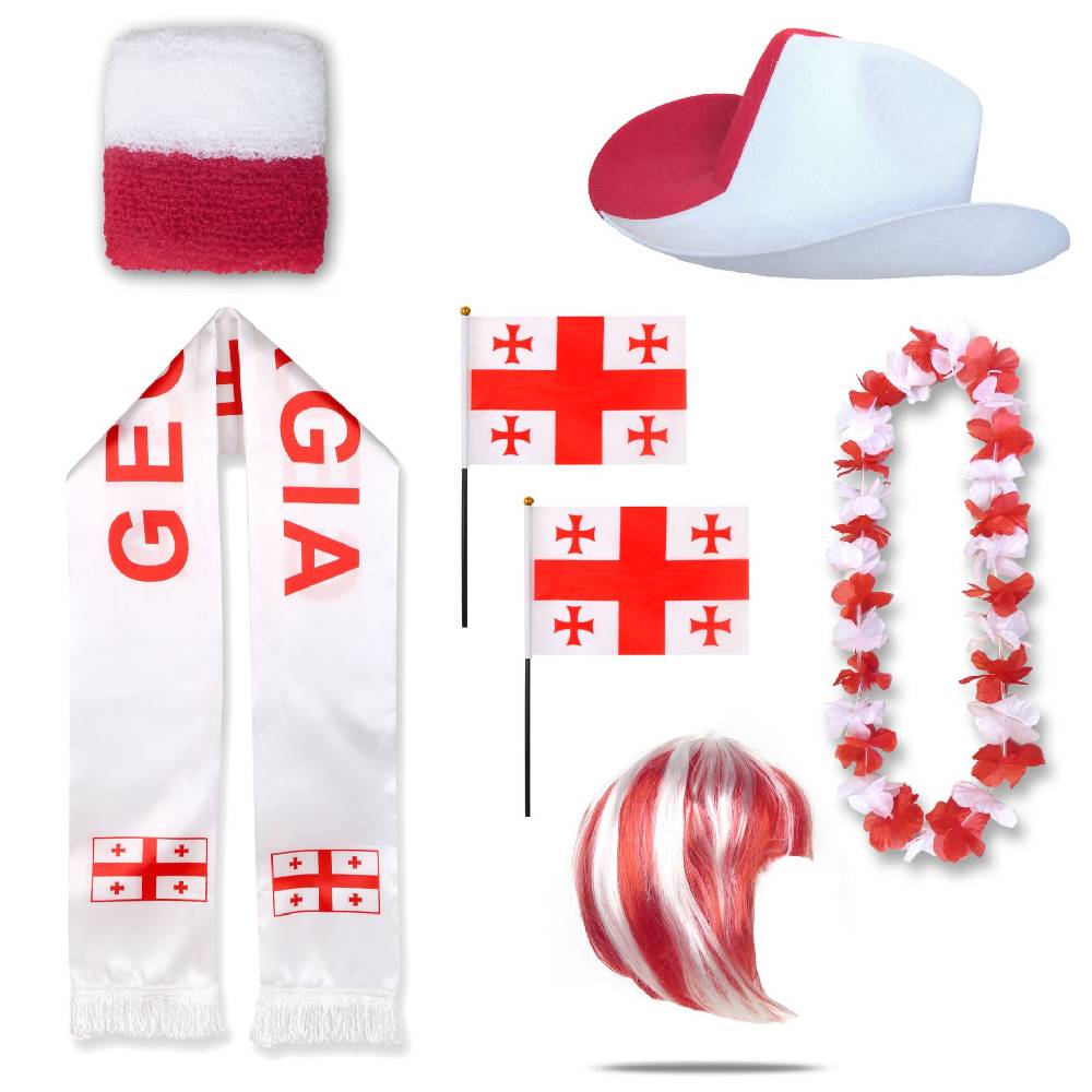 Sonia Originelli Fan-Paket "Georgien" Georgia WM EM Fußball Schal Hawaiikette Hut Schweissband Fahne Iro Perücke