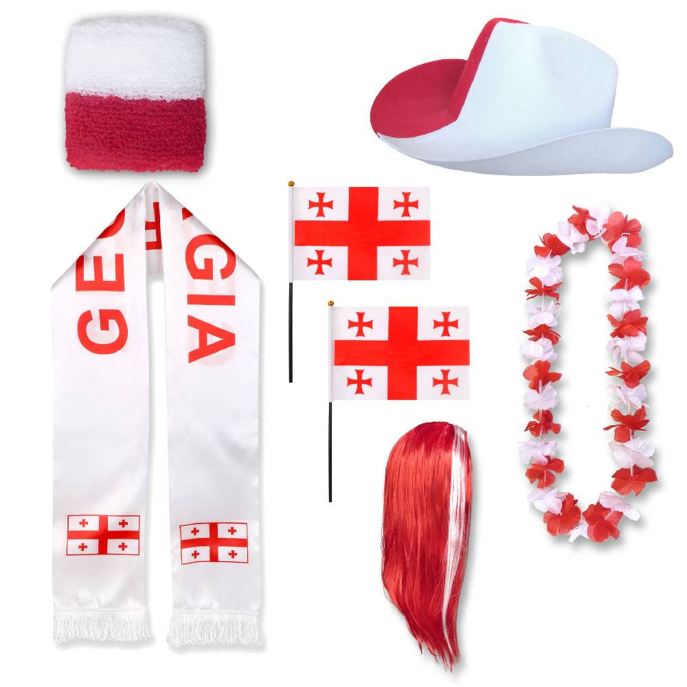 Sonia Originelli Fan-Paket "Georgien" Georgia WM EM Fußball Schal Hawaiikette Hut Schweissband Fahne Perücke