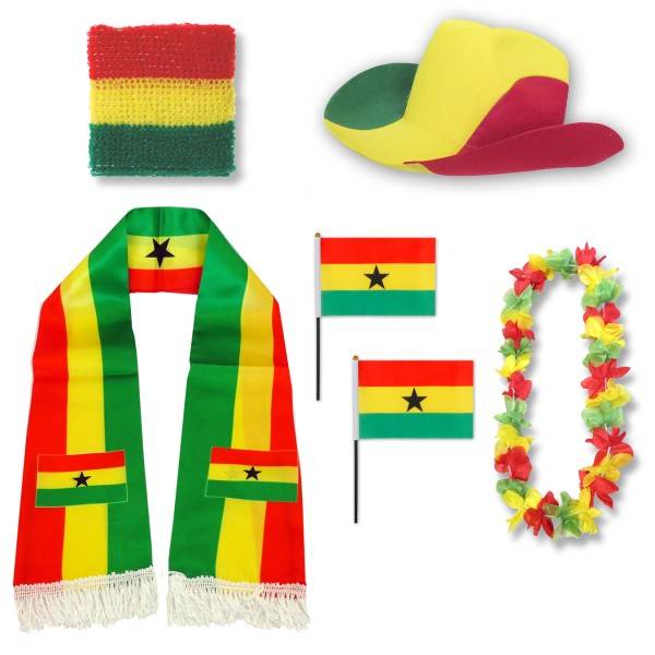 Sonia Originelli Fan-Paket "Ghana" WM EM Fußball Schal Hawaiikette Hut Schweissband Fahne Flagge