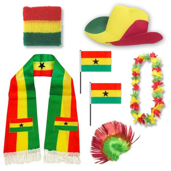 Sonia Originelli Fan-Paket "Ghana" WM EM Fußball Schal Hawaiikette Hut Schweissband Fahne Iro Perücke