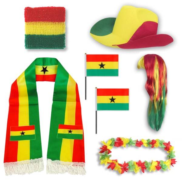 Sonia Originelli Fan-Paket "Ghana" WM EM Fußball Schal Hawaiikette Hut Schweissband Fahne Perücke