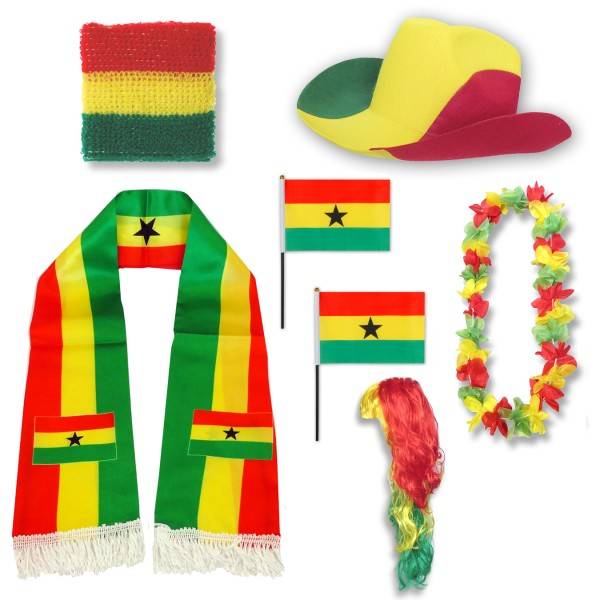 Sonia Originelli Fan-Paket "Ghana" WM EM Fußball Schal Hawaiikette Hut Schweissband Fahne Perücke