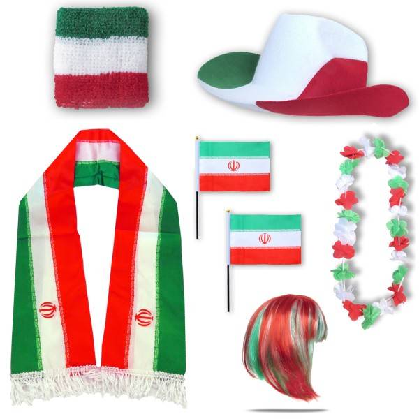Sonia Originelli Fan-Paket "Iran" WM EM Fußball Schal Hawaiikette Hut Schweissband Fahne Perücke