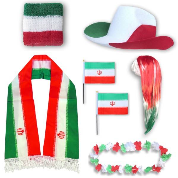 Sonia Originelli Fan-Paket "Iran" WM EM Fußball Schal Hawaiikette Hut Schweissband Fahne Perücke